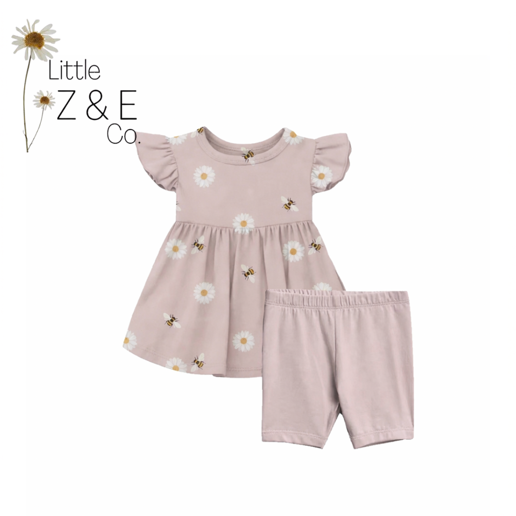 Bees & Blooms Dress & Biker Shorts Set
